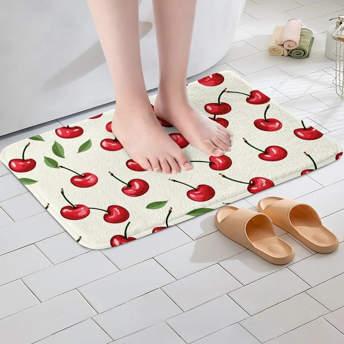 Vivid Cherry Bathroom Rug Delicious Fruits Pattern Entrance Floor Mat Bathroom Absorbent Foot Door Mat Decoration