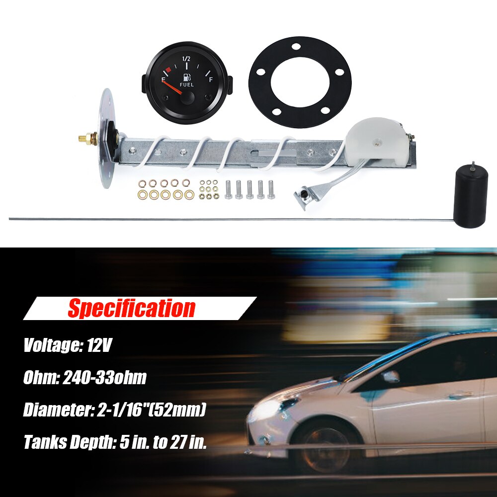 Universal 2" 52mm Fuel Level Gauge Car Vehicle Meter with Fuel Float Sensor White LED Light Black Shell Automotive Gauges 12V