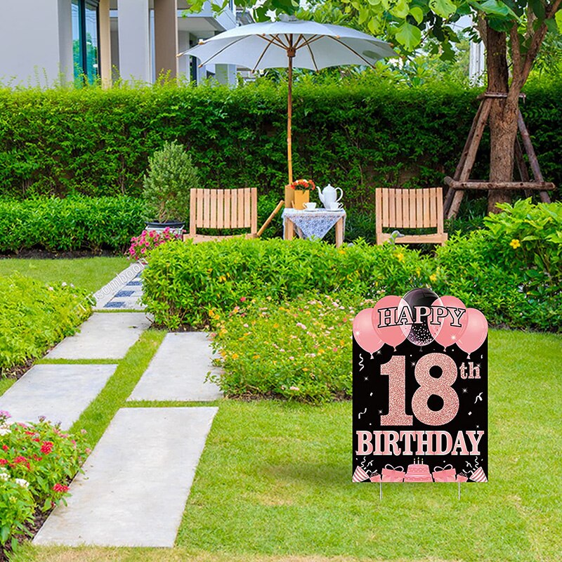 Happy 18th Birthday Yard Sign Party Favor Waterproof Rose Gold Theme Pink Lawn Signs Birthday Decoration Supplies for Teens