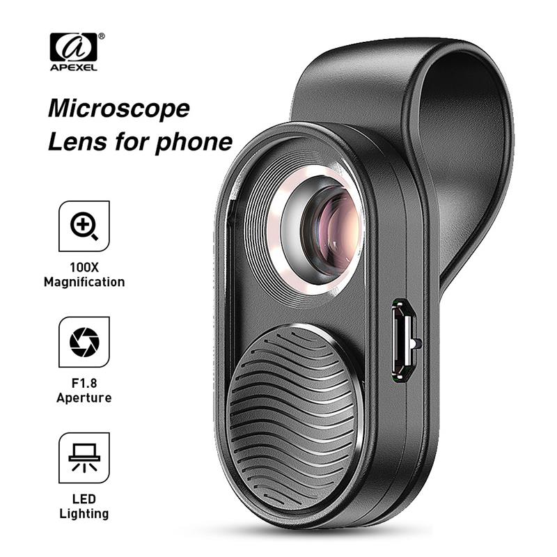 APEXEL 100X Microscope Lens Micro Len High Magnification LED Light Microscopes For iPhone Smartphones Lab Work Jewelry Appraisal