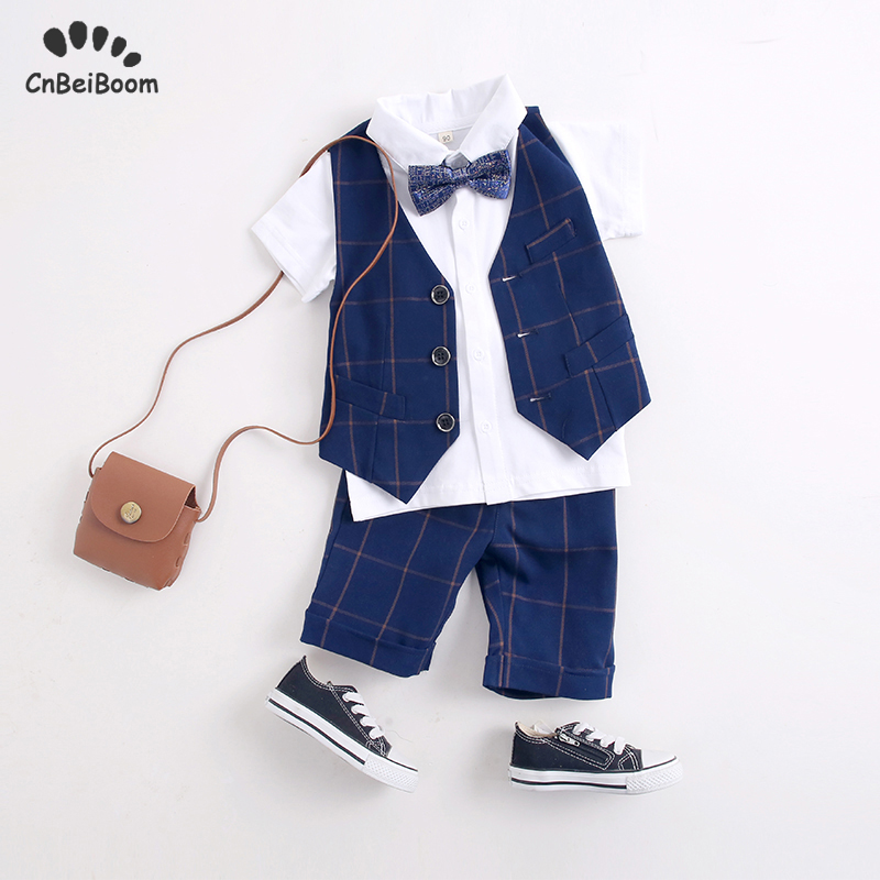 Garçons costume formel gilet style britannique 4 pièces vêtements enfants costume court enfants 2-10 y robe de fête de mariage fleur garçons vêtements