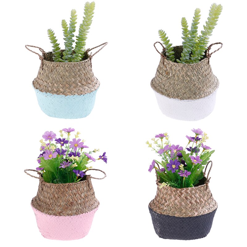 Foldable Handmade Bamboo Storage Basket Laundry Straw Patchwork Wicker Rattan Seagrass Belly Garden Flower Pot Planter Baskets