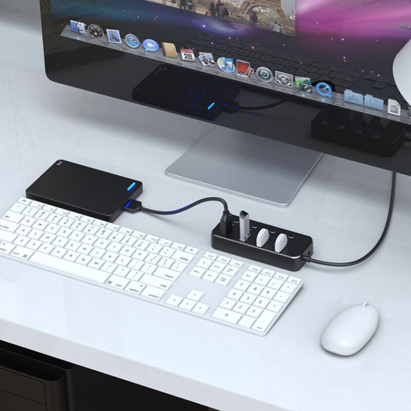 LED Indicators Home Aluminum Alloy 4-Port Power Supply Extender Portable Switches PC USB Hub Laptop Notebook High Speed Splitter