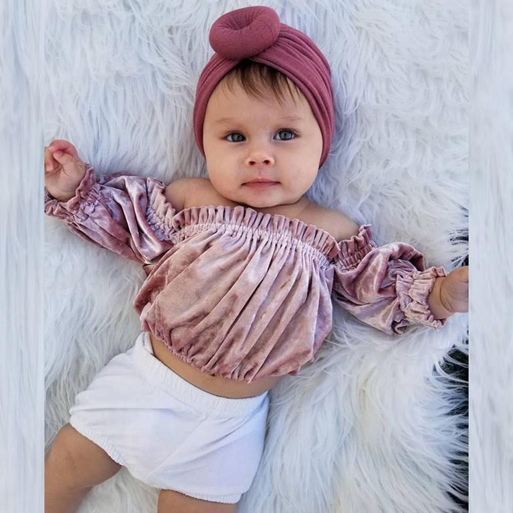 Peuter Kids Baby Meisjes Ruches Ruches Off Shoulder Tops Kinderen Lange Mouw Frilled Schouder Top Shorts Set 0Y-2Y