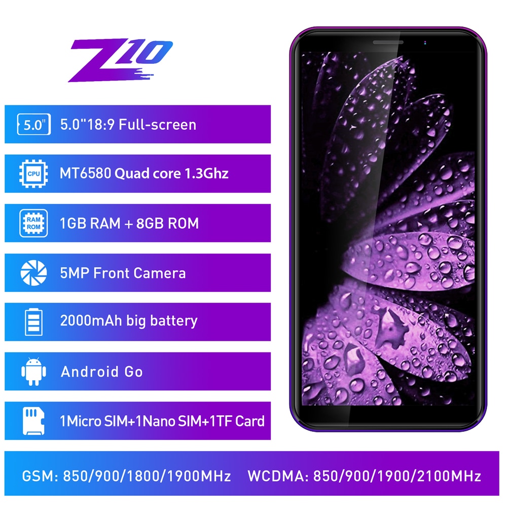 LEAGOO Z10 Android Mobile Phone 5.0" 18:9 Full Screen 1GB RAM 8GB ROM MT6580 Quad Core 2000mAh 5MP Camera Dual SIM 3G Smartphone