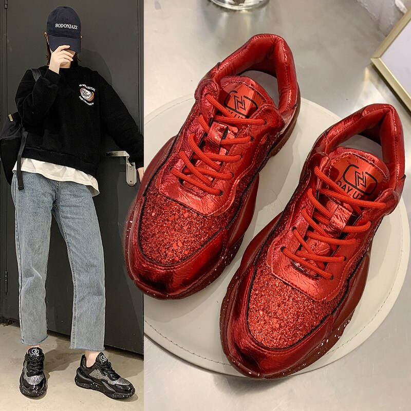Fujin dames sneakers lente pailletten platform ademende dikke schoenen dames ins dikke bodem dames casual schoenen