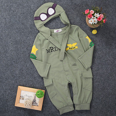 2 Pcs Summer Autumn Baby Kids Boy Infant Pilot Letter Printed Cotton Romper+Cap Jumpsuit Outfits Set Clothes 6-24M