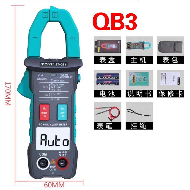 ZOYI Clamp Multimeter ZT-QB1/QB3/QB4 4000 count True RMS Digital Auto Range Data Hold Peak Hold Flashlight NCV Test 600A Ammeter: QB3