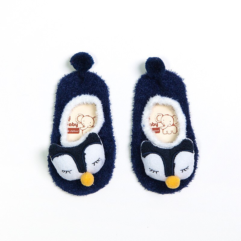 Chaussettes d'animaux, 3D dessin animé, pour enfants, avec fil de plumes, antidérapantes, chaussons de bateau, sol, ours de renard, automne hiver: Dark Blue Fox / L  3 to 5 Years