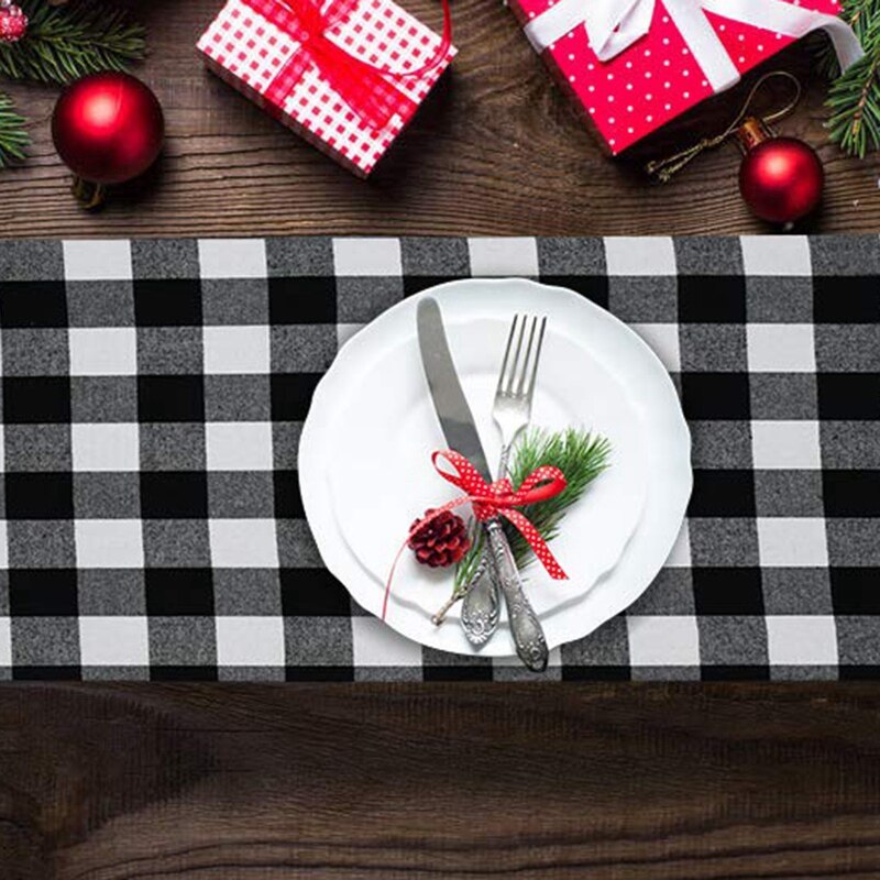 1 Pcs Geruite Tafelkleed Katoen Zwart En Wit Plaid &amp; 4 Stuks Placemat Tafel Mat Servies Plaat Placemat