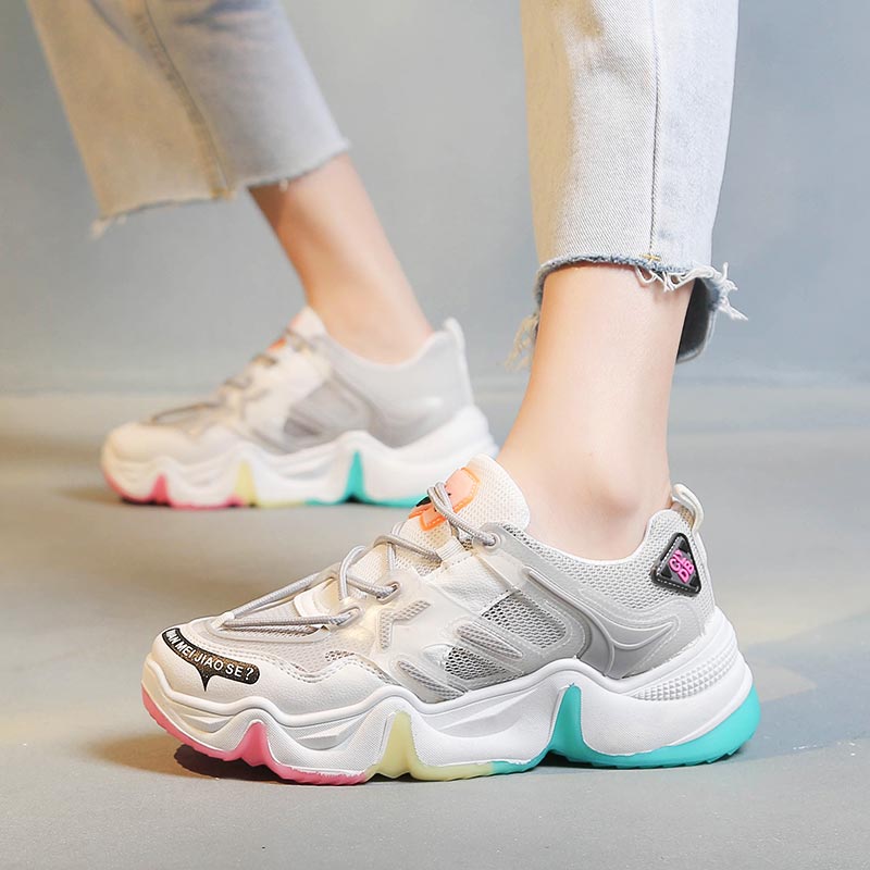 Zomer chunki dames sneakers dames platform sportschoenen wit groene sportschoenen dames hardloopschoenen dames sport walk d -440: Grijs / 7