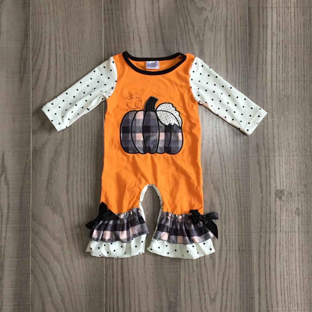 Girlymax Thanksgiving Baby Jongens Meisjes Peuter Orange Pompoen Boerenbont Kleding Baby Romper Katoenen Romper Lange Mouw Ruches: H29-06-02 / 3M