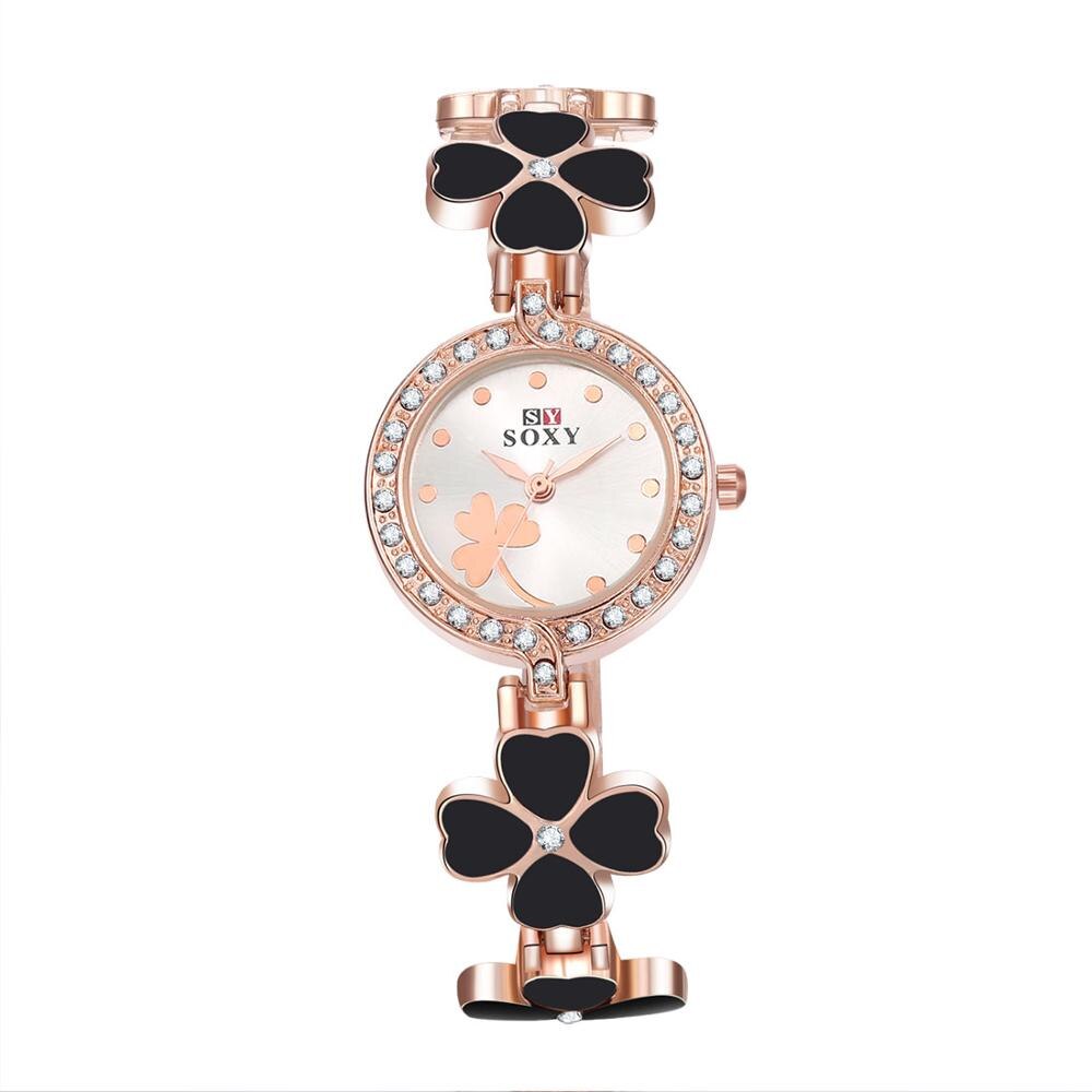 Soxy merk roségouden armbandhorloge dames luxe quartzhorloge met strass, volledig stalen bloemenhorloge dameshorloge relogio feminino: Zwart
