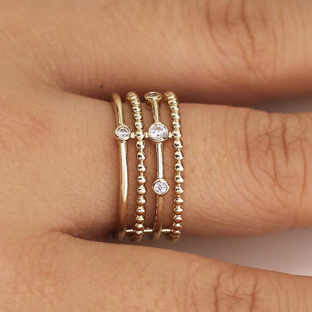 Huitan Charms Simple Women Ring With Bead Shaped Daily Wearable Accessory Ring For Office Lady Luxury Gold Color CZ Setting