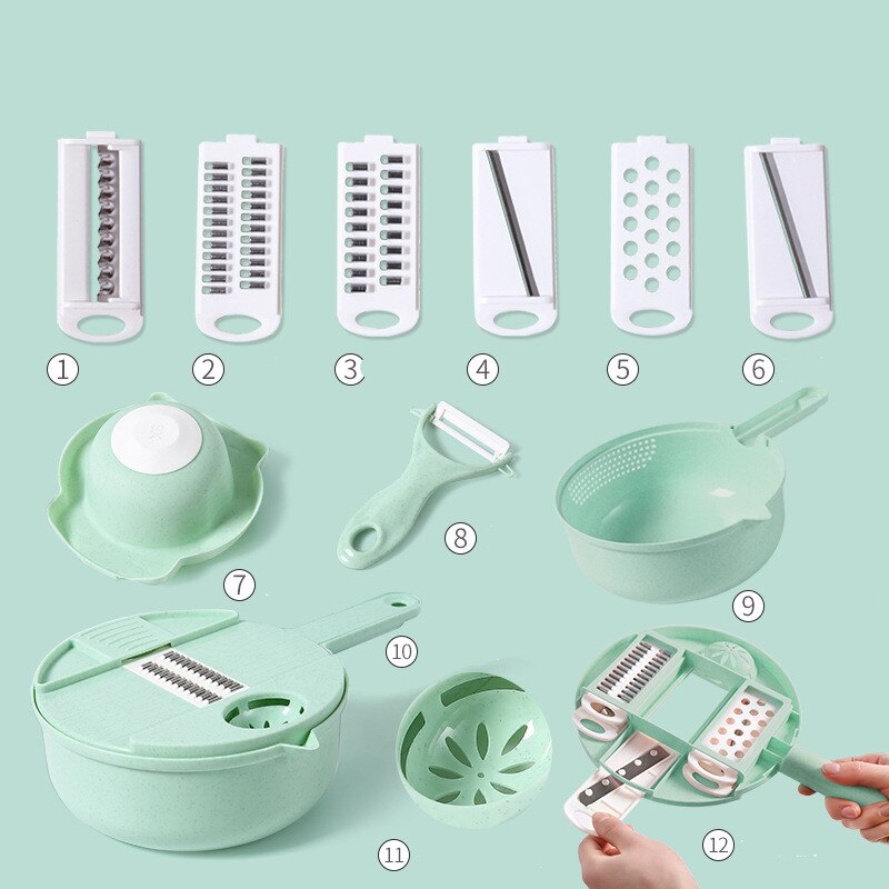 Gemüse Cutter 6 in 1 Multislicer Manuelle Reibe für Gemüse Schäler Heimat Manuelle Gemüse Cutter Gemüse Schneidemaschine Zerhacker: Grün