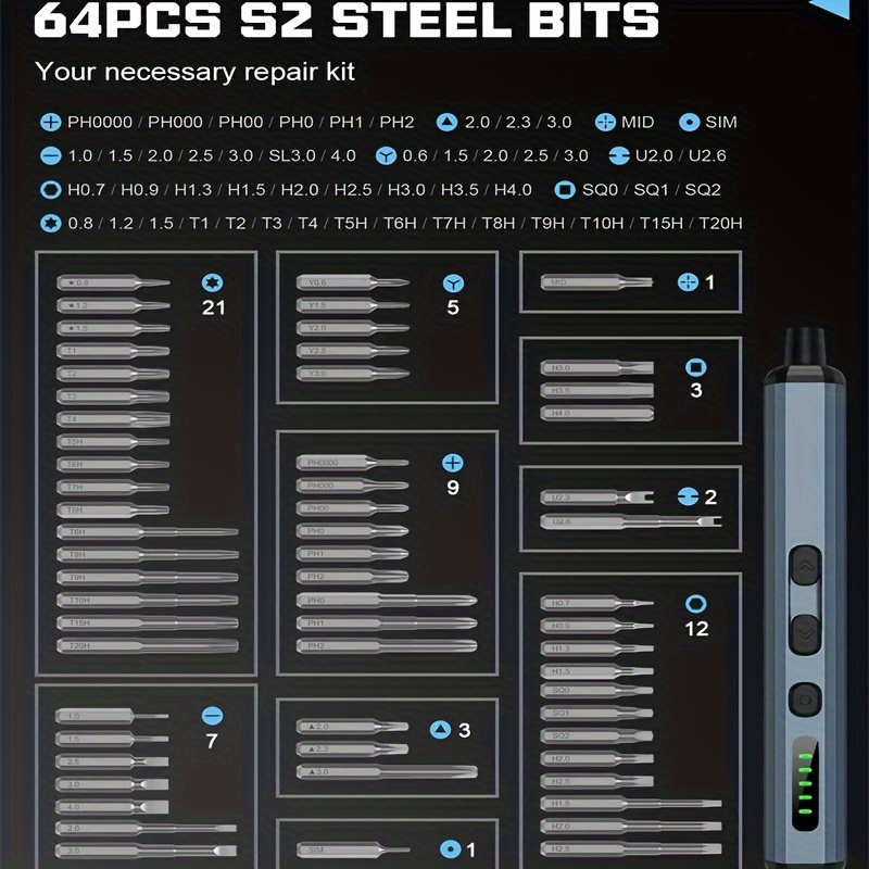 Mini elektrisk skruvmejselsats 68 in 1 sladdlös  s2 precision-bits 5 momentinställningslampor reparationsverktygssats för pc rc elektronisk