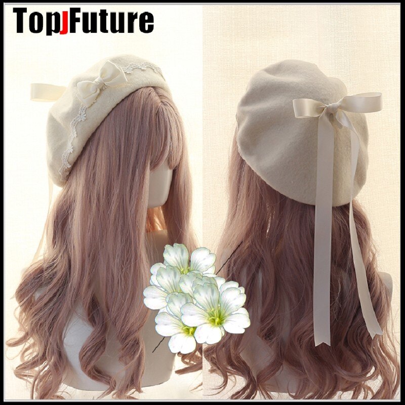 Japanse Meisje Kawaii Baret Hoed Lolita Tiener Hart Zoete Wollen Handgemaakte Leuke Lace Strik Warm Winter Schilder Hoed Hoofdtooi