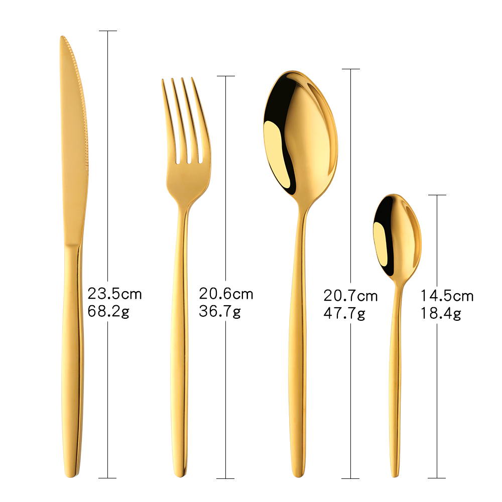 4 stk rustfrit stål guld servise sæt farverigt bestik sæt middag kniv gaffel ske regnbue bærbare bordservice redskaber hjem: Guld