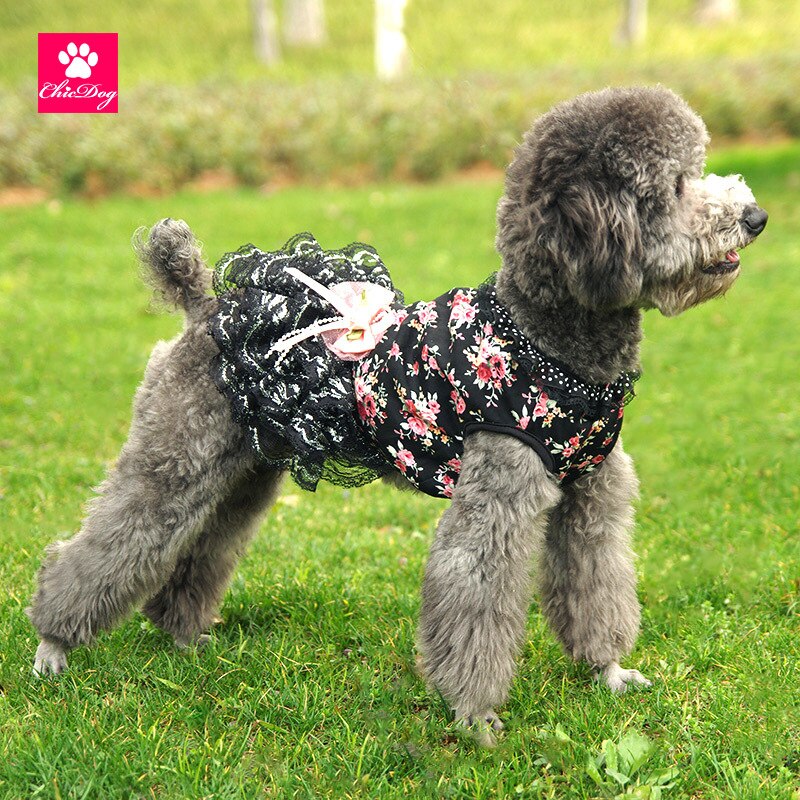Vestido estampado Floral para mascotas, ropa para perro pequeña, falda de disfraz de Bulldog Francés, bonito collar negro para chica de verano: XL