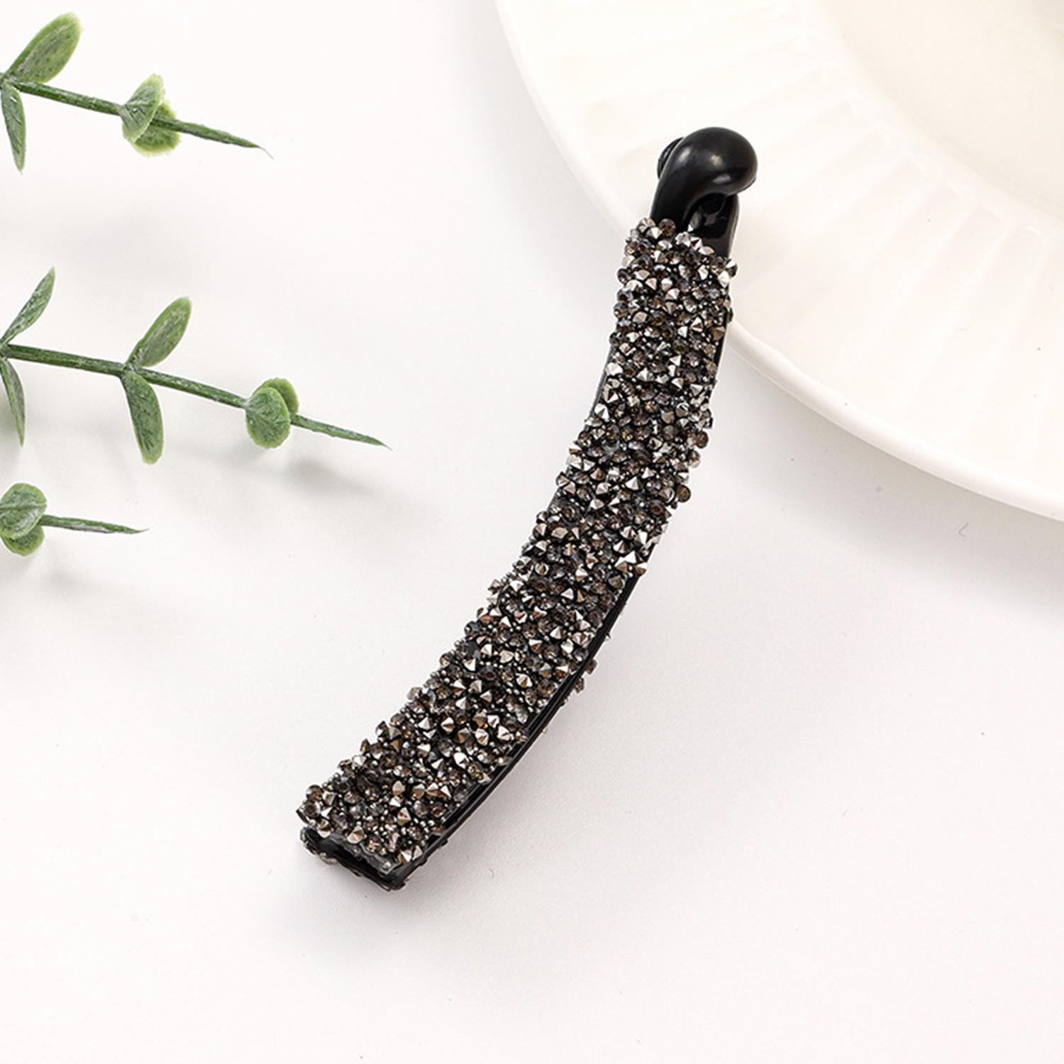 Clip de pelo de plátano con diamantes de imitación completos para mujer, soporte acrílico fuerte, horquilla de perla, pasadores, tocado de ,: Negro