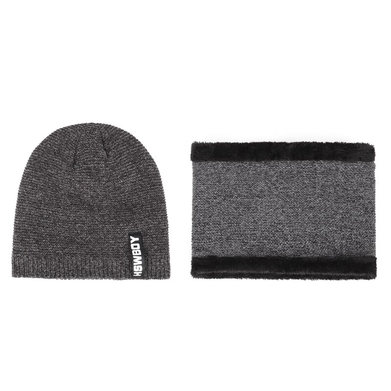 Herr vinterhatt halsduk 2 stycken setvarm plus sammet tjocka stickade hattar fashionabla mjuka baggy balaclavacasual man mössor: Grå