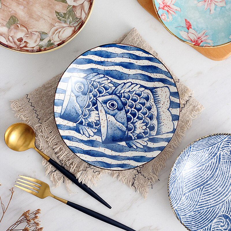 Dishes 2pcs/set 8-inch flower and fish pattern underglaze ceramic deep dish