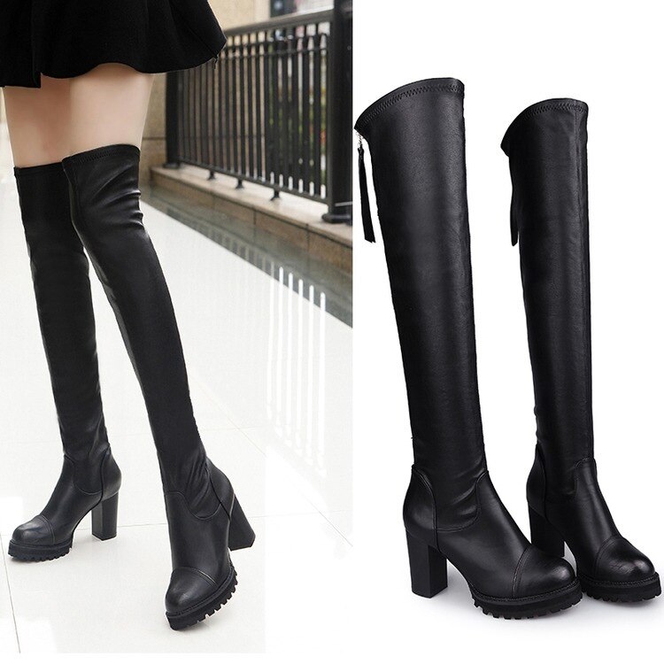 Botas largas de piel sintética para mujer, botines por encima de la rodilla, tacón alto, novedad: 5,5