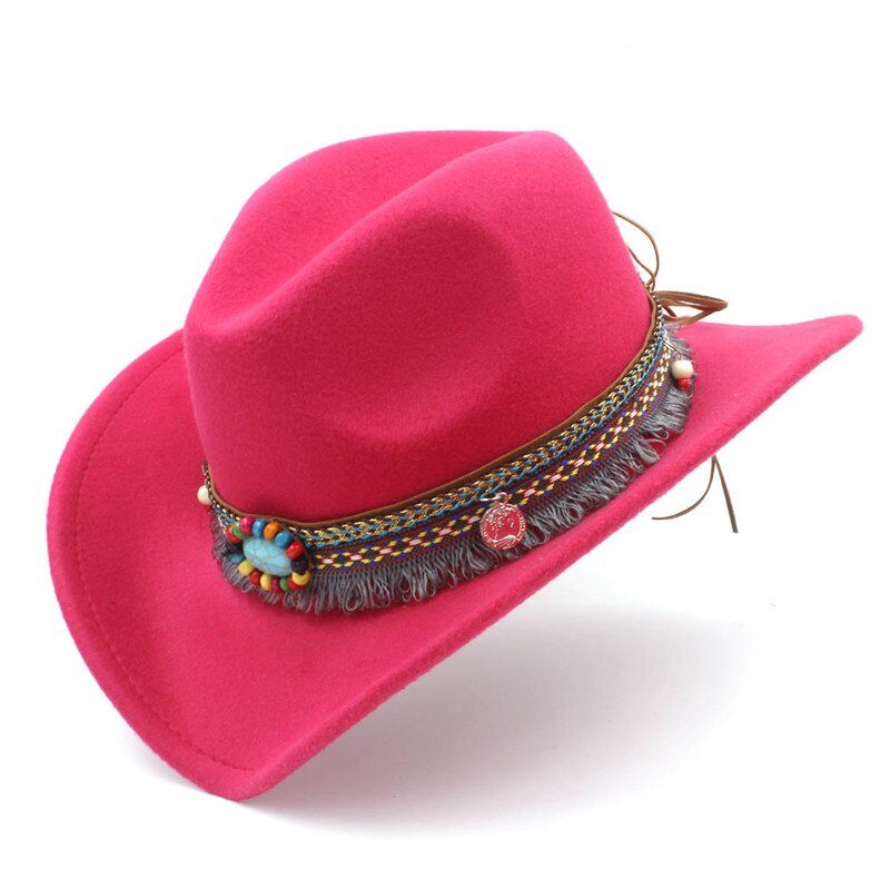 Barneull hule western cowboy lue dusk belte barn jente jazz cowgirl sombrero cap størrelse 52-54cm i 4-8 år: Rosenrød