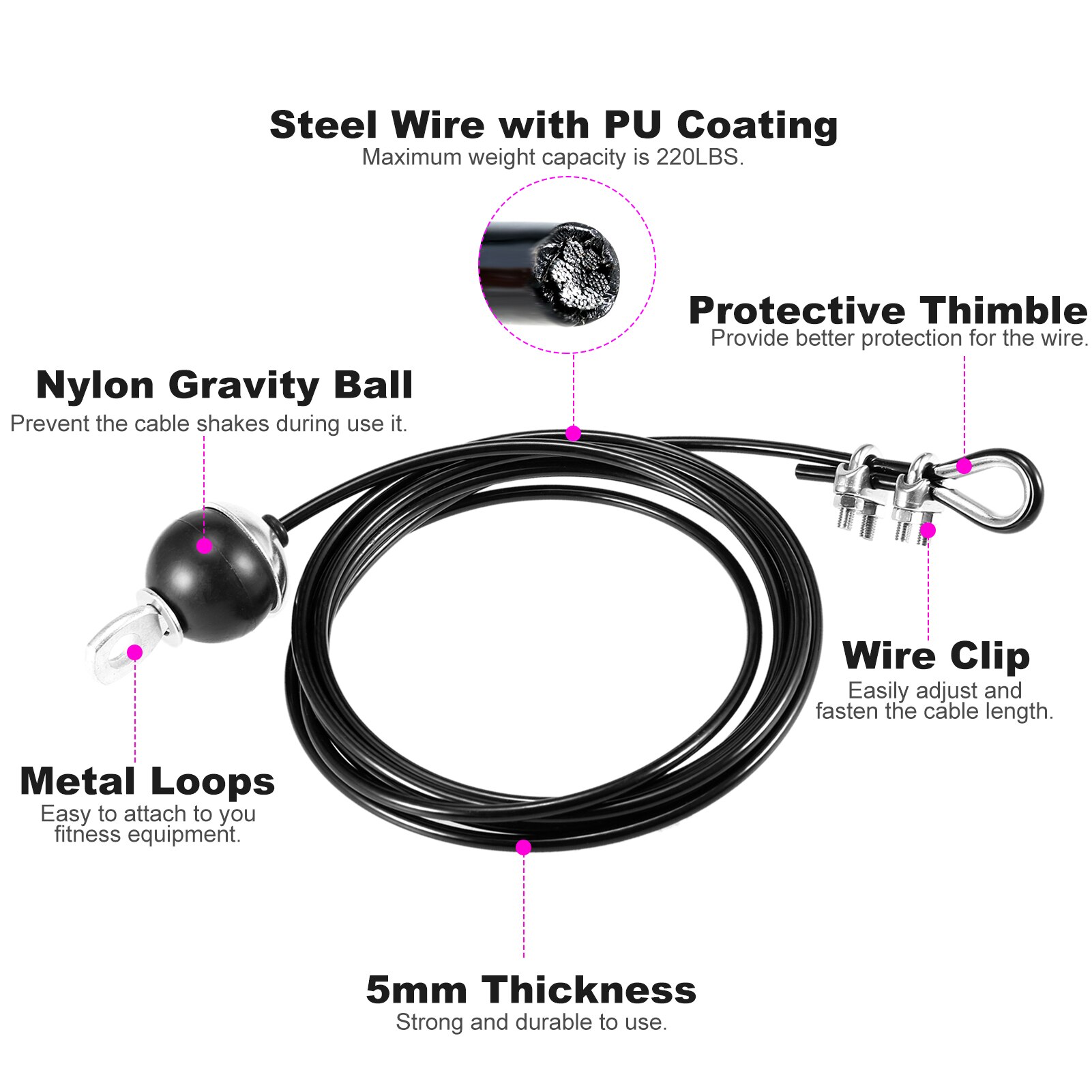 2M/2.5M/3M Gym Cable Steel Wire Rope Fitness Pulley Cable for Home Gym Cable Machine Weight Lift Pulley Accessories Dia 5mm