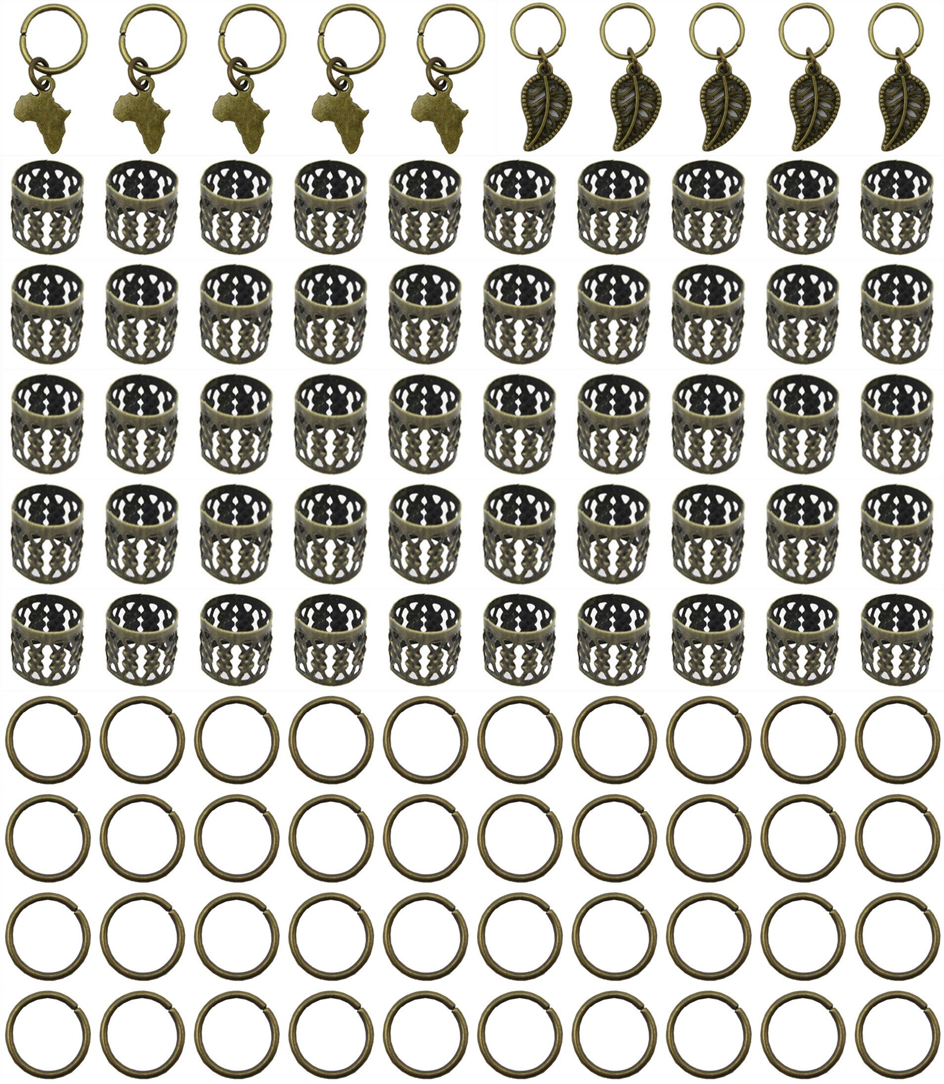 Anillos africanos de bronce para el pelo, cuentas, puños, tubos, amuletos, trenzas para el pelo, joyería, accesorios para hombres y mujeres, 70/80/100 Uds.: 100pcs Mix Styles 3