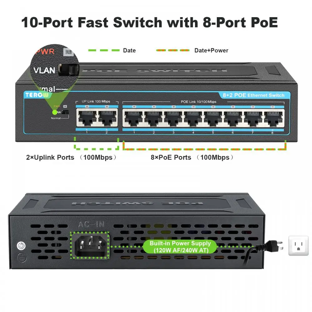 TEROW POE Switch 8 Ports Gigabit Swich POE 1000Mbps Ethernet Switch 10ports Network Splitter RJ45 Hub For Wifi Router IP Camera