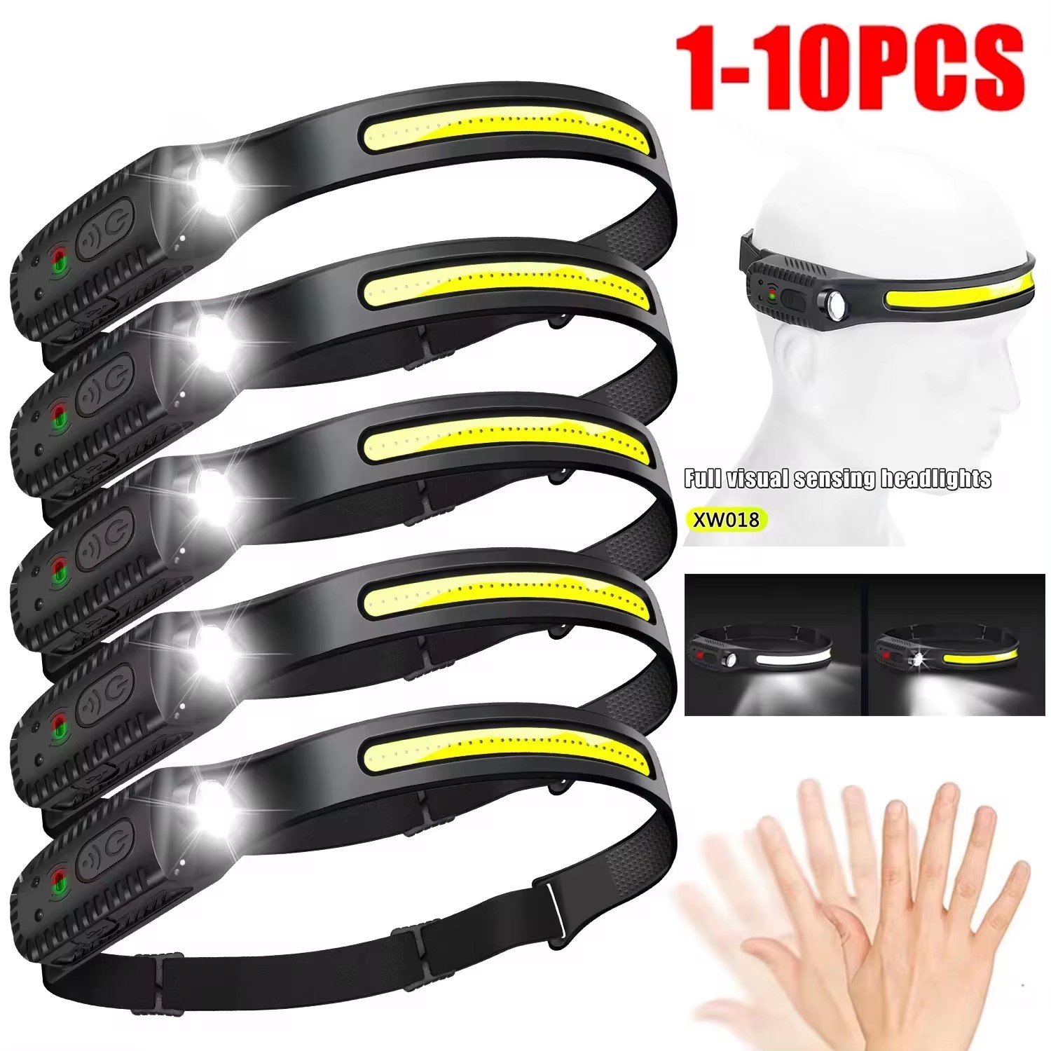 1-10 stk. led-sensorpandelampe med indbygget batteri, usb-genopladelig hovedlommelygte, pandelampe, camping, fiskeri, søgelampe