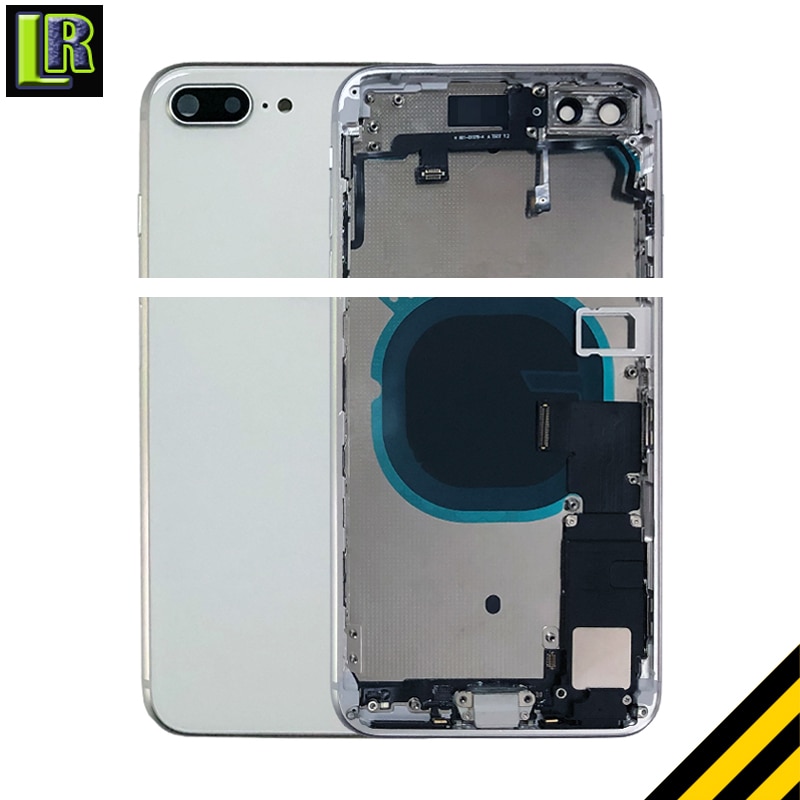 Bagside fuldt hus til iphone 8 8 plus plus bagside batteridæksel dør midterramme chassis + glas med flex kabel dele samling