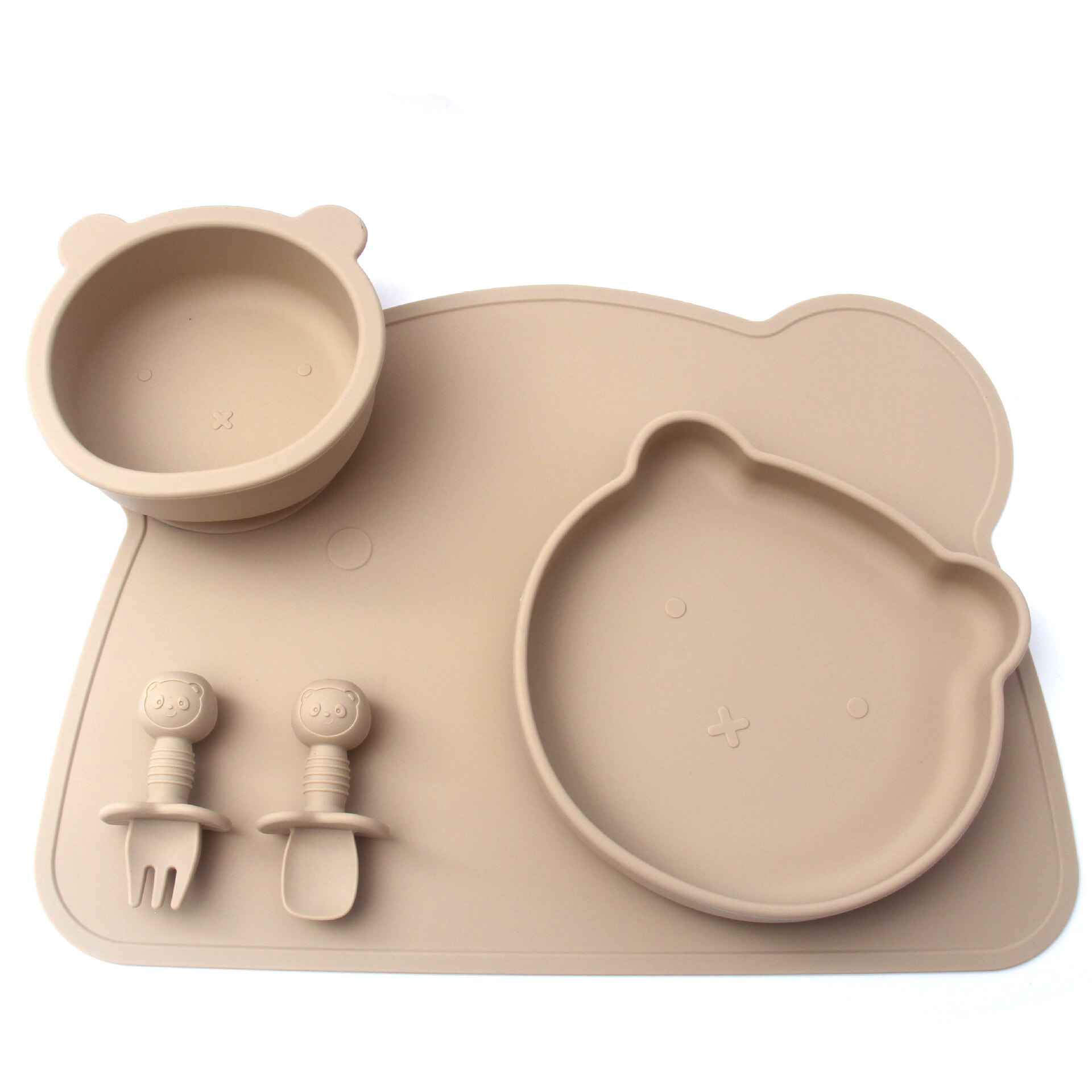 Babyvoeding Kom Plaat Lepel En Vork Set Food Grade Siliconen Antislip Baby Siliconen Servies Bpa Gratis Siliconen kauwen Gerechten: beige