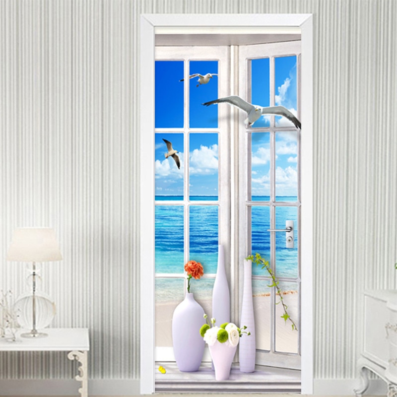 3D Wall Door Sticker Painting Window Landscape Wallpaper Living Room Bathroom PVC Waterproof Door Paste Home Decor Wall Sticker