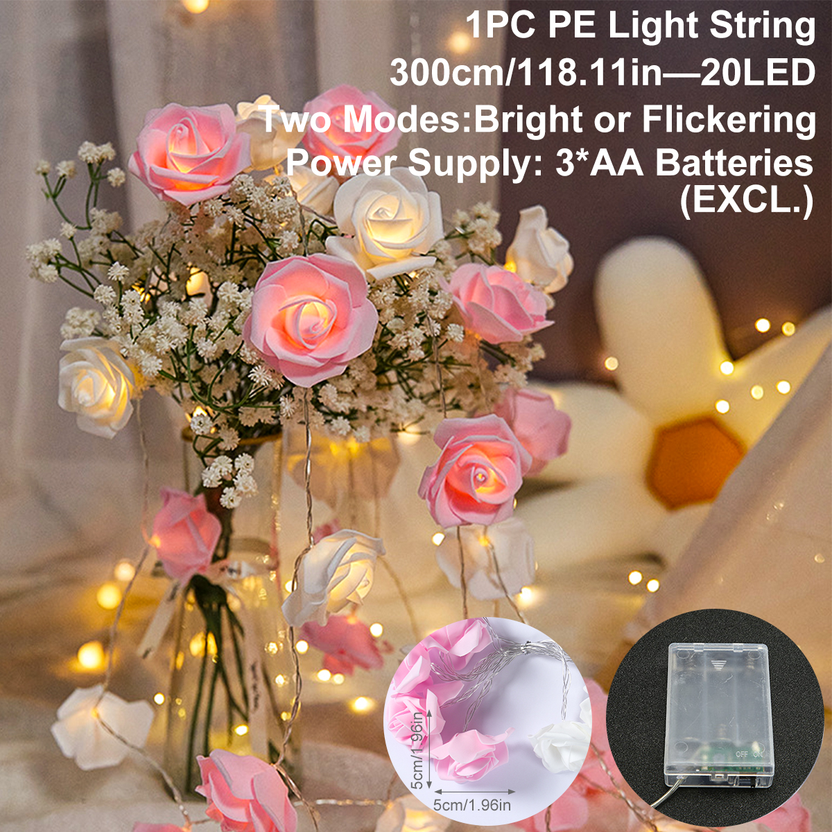 Guirnalda de luces LED con forma de rosa de 2m y 10LED, decoración de boda y cumpleaños, del Día de San Valentín, decoración de árbol de Navidad para el hogar y al aire libre: Amarillo claro