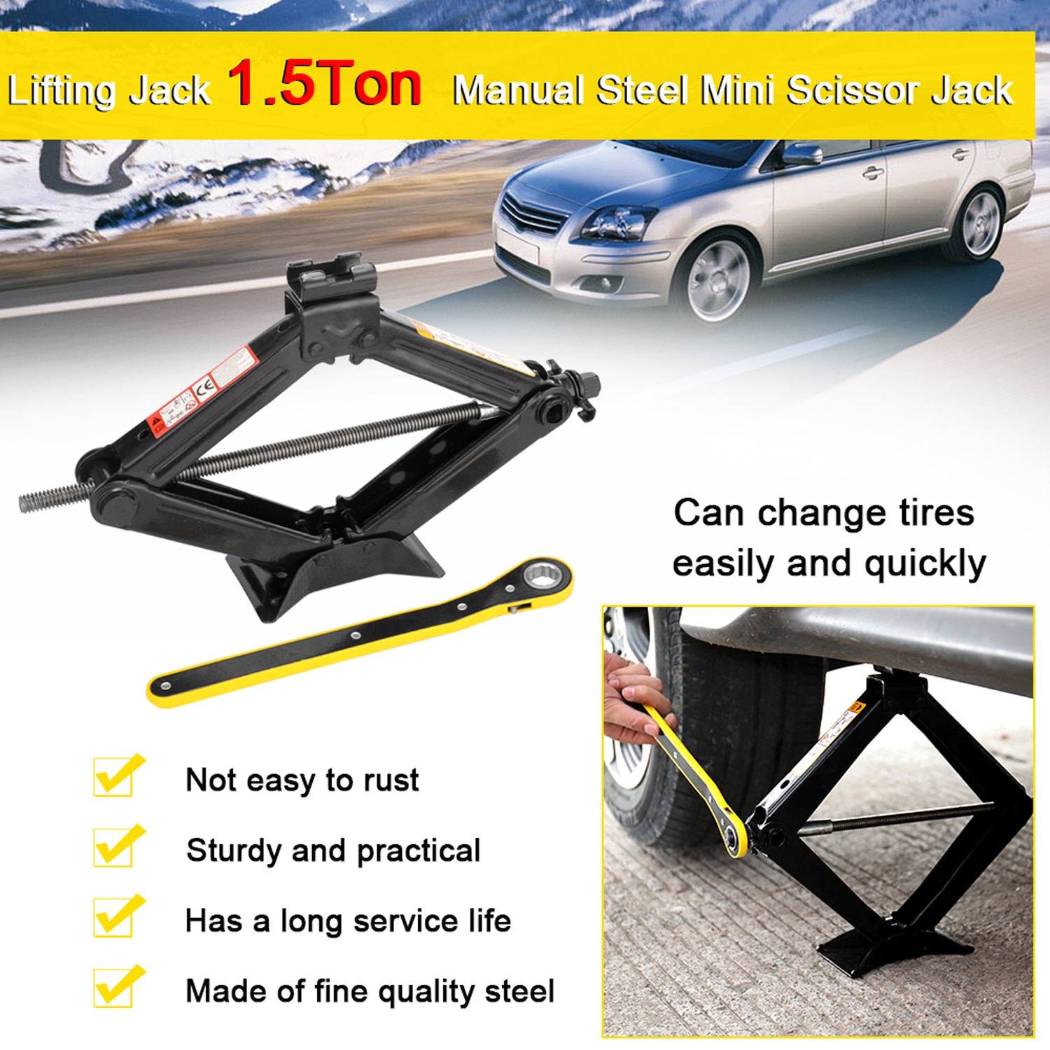 Lifting Jacks Manual Steel Scissor Jack with 360 Degrees Rotatinghead 1.5T Auto Mini Machinisms Lift Jack Car Repairing Tools