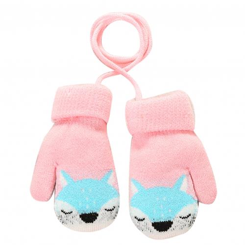 Kinderen winter dikke warme schattige cartoon vos dubbellaags gebreide handschoenen wanten met touw hang handschoenen aan kindernek: Roze