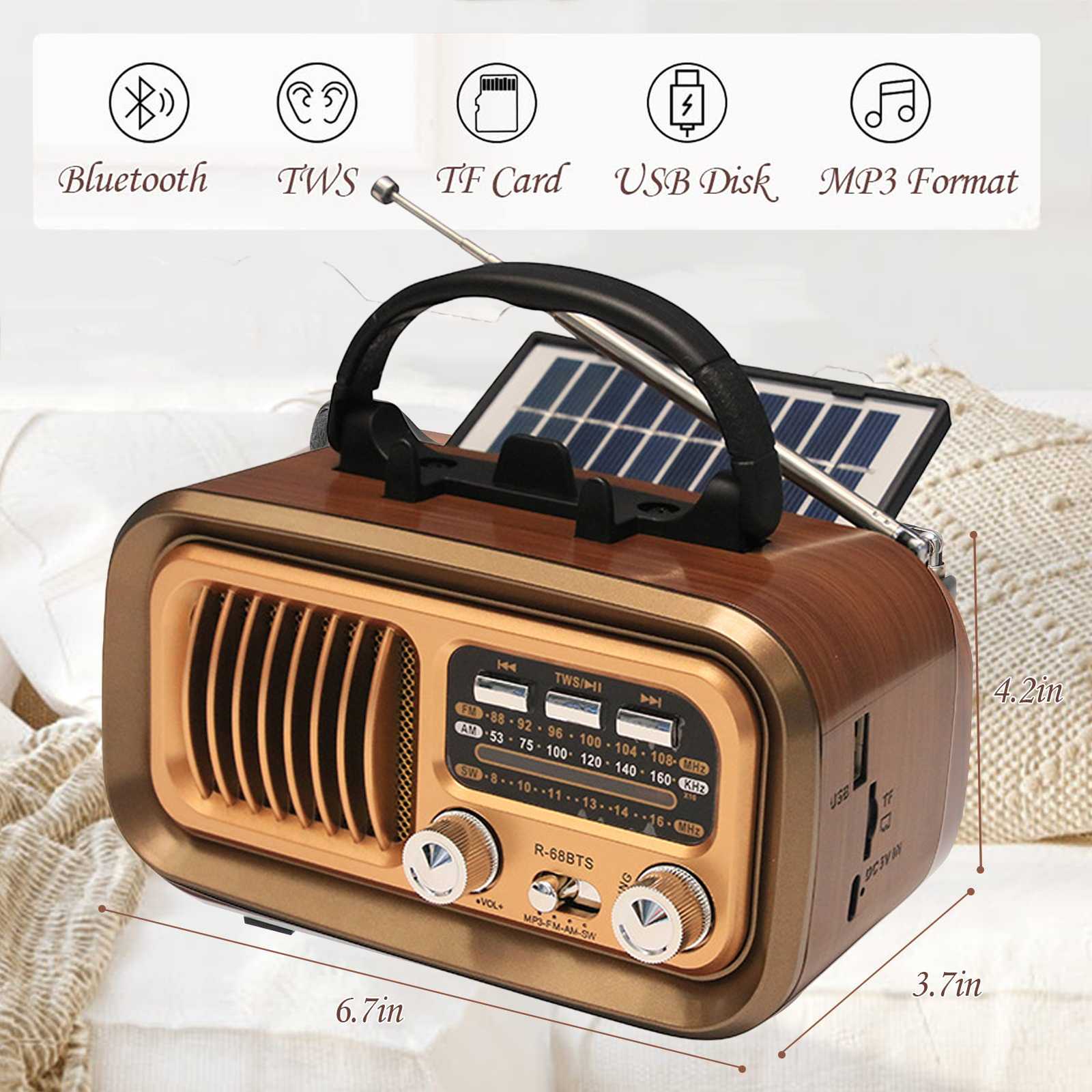 Tragbares DSP-Radio, klassische Vintage-FM-AM-SW-Radios, kabelloser Retro-Solar-Bluetooth-Lautsprecher, USB-Musik-Player, abnehmbarer Akku