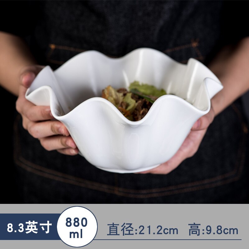 White Ceramic Irregular Salad Bowl Curling Edge Dinner Plates Fruit Kitchen Decor Dishware Platos De Cena: 21.2x9.8cm