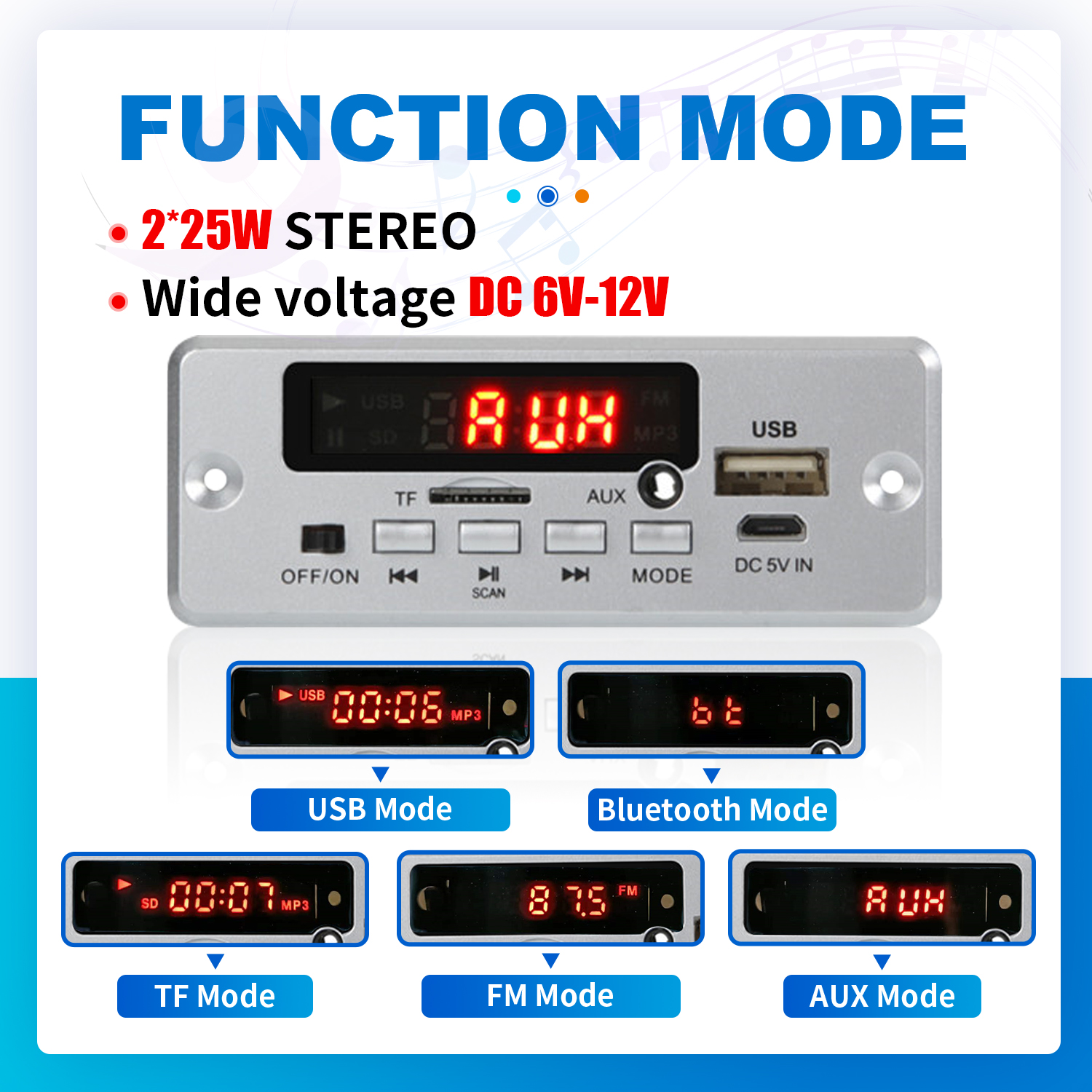 Amplificatore 50W Bluetooth 5.0 scheda di decodifica MP3 12V lettore musicale Wireless modulo Audio USB TF AUX Radio FM per altoparlante vivavoce