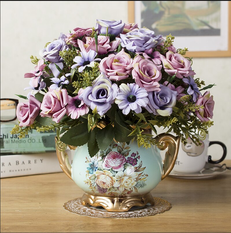 1set European artificial flower+vase living room home table wedding decor potted bonsai ornament silk flores +Ceramic vase: b1
