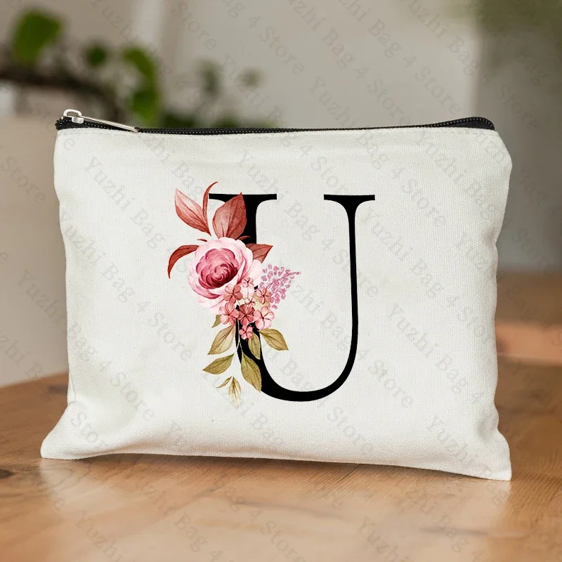 26-Buchstaben-Blumen-machen-hoch-Tasche, bedruckt, Brautjungfer, Hochzeitsgeschenk, Abschlussfeier, Lehrertag, , Aufbewahrungstasche, Reise-Parfüm-Seitentasche: Lila