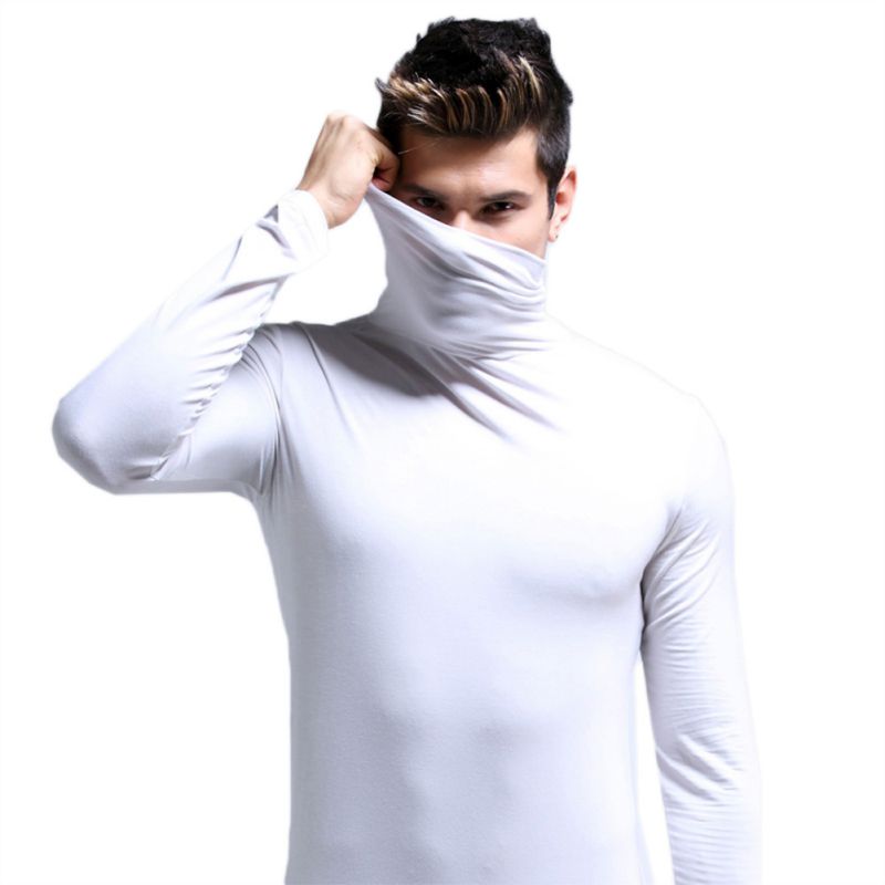 Modal Fabric Thermal Autumn Winter Bottoming T-shirtMenUnderwear Tops Long Sleeve Neck Wrap Elastic Seamless Warm Clothes: White / XXXL