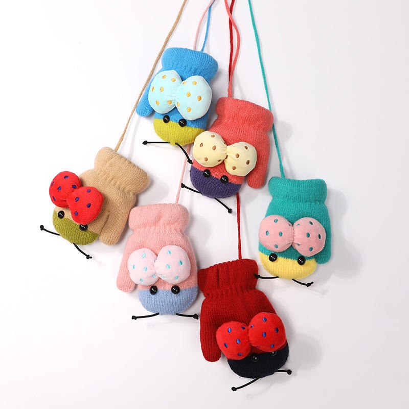 Wecute Forma Dos Desenhos Animados Joaninha Bonito Bebê Infantil Luvas de Inverno Crianças Luvas De Malha Saco Refere-se Ao Pescoço Pendurado Luvas Duplas para 3-6Y