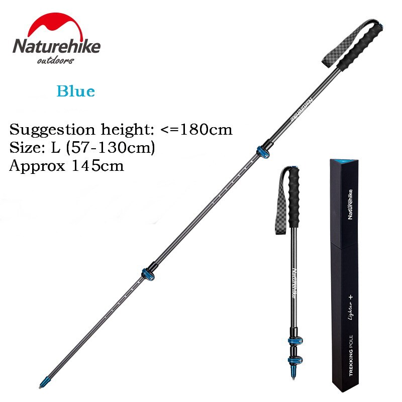 Bastón de Trekking ultraligero de fibra de carbono Naturehike de acero de tungsteno, 3 secciones, bastón para caminar, senderismo, alpinista S135g: Blue L 1PC