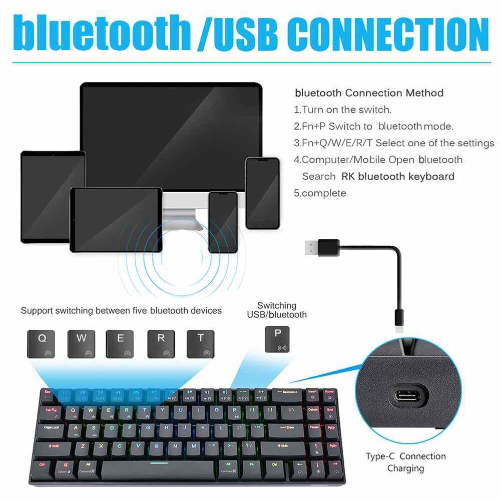 RK71 Wireless Bluetooth 71 Keys RGB Backlight Gaming Mechanical Keyboard for PC