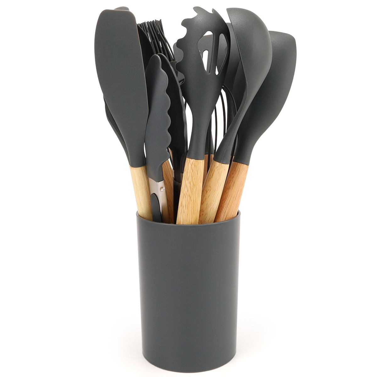 12 Stuks Siliconen Keukengerei Spatel Schop Soeplepel Koken Tool Met Opslag Emmer Non-stick Houten Handvat Keuken gadgets: Licht Groen