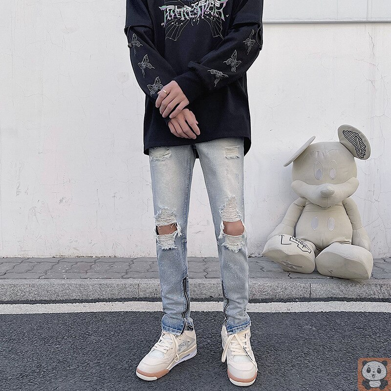 Pantalones vaqueros desgastados para hombre, Jeans rectos desgastados Retro rasgados