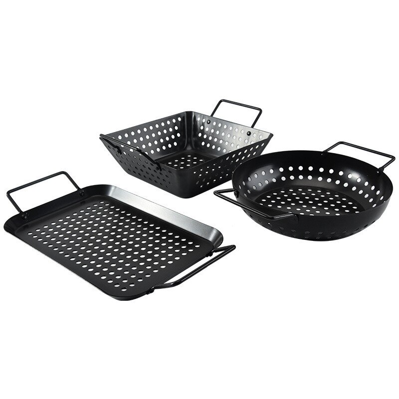 Non-stick Grill Pan Ronde Vierkante Dubbele Handvat Gaten Voedsel Groente Barbecue Keuken Camping Picknick Afvoer Mand Plaat Lade